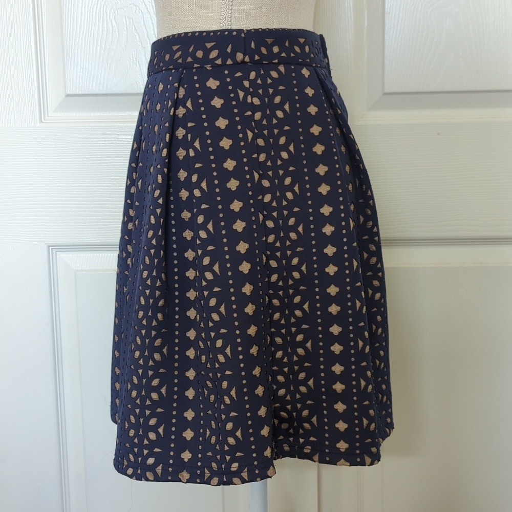 Blue Rain Navy and Tan Geometric Laser Cutout Mini Skirt - Picture 2 of 6